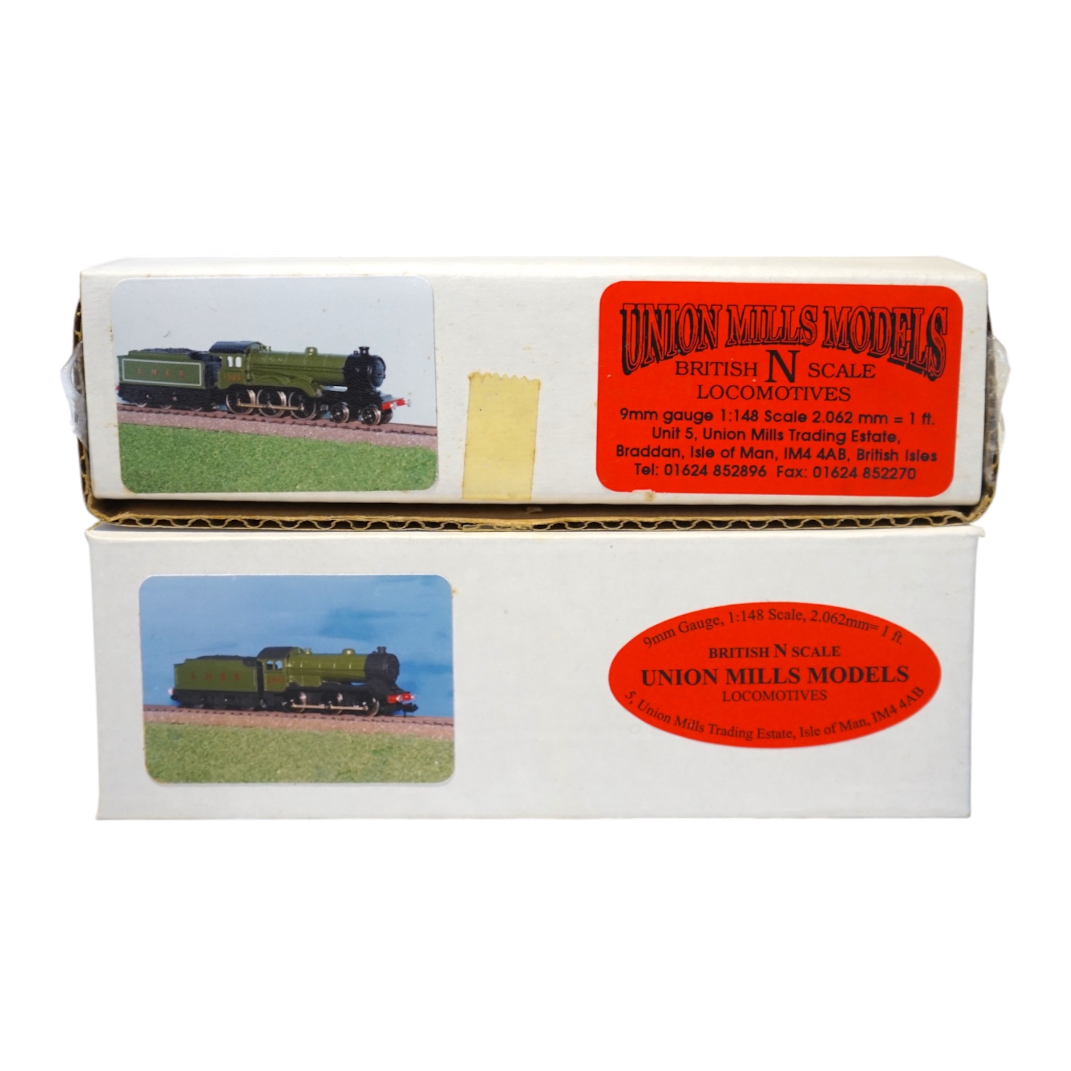 Two boxed Union Mills Models N gauge railway LNER locomotives; a Class B12, 1565, and a Class J39, 2943. Condition - good.